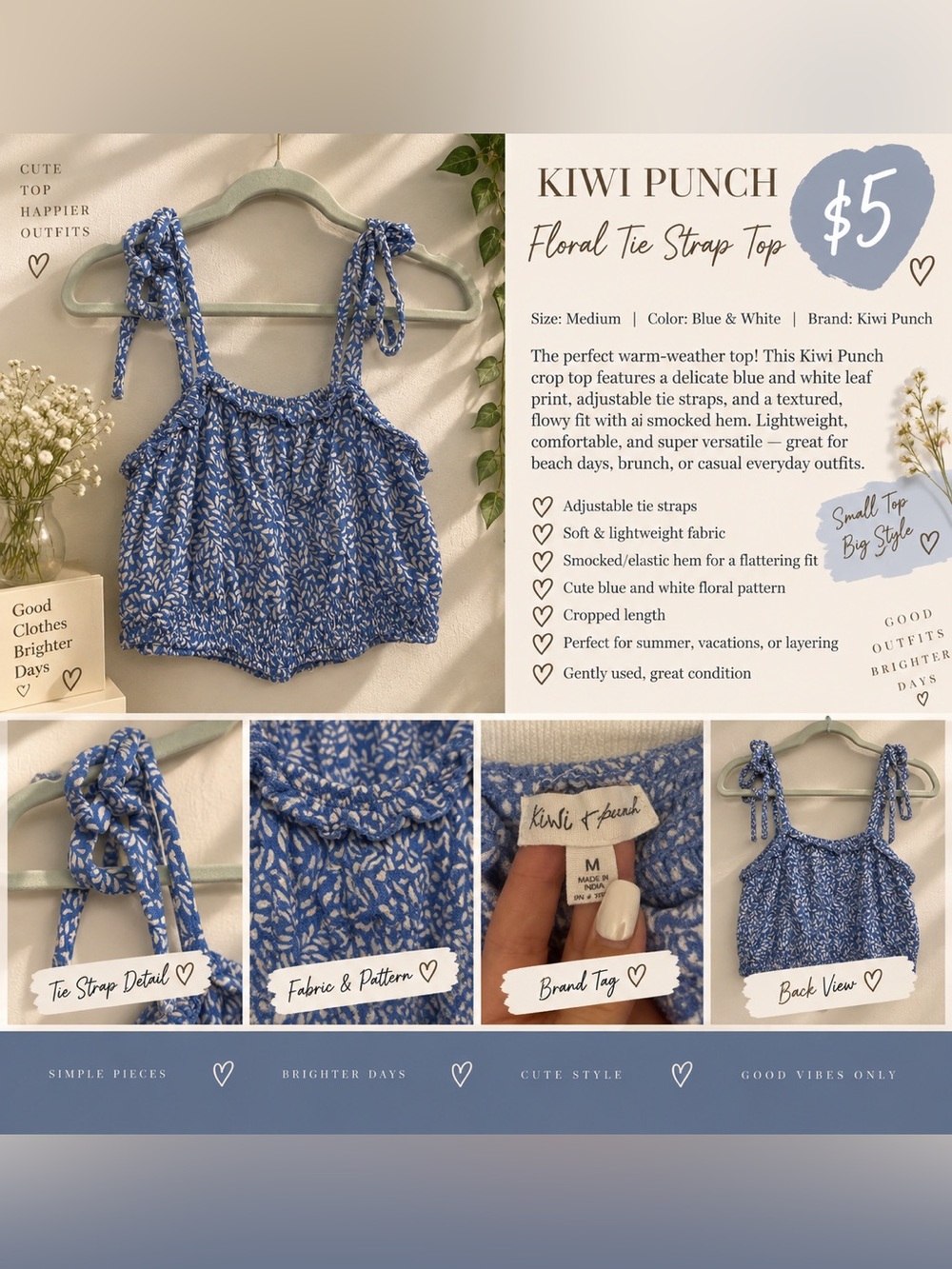 Kiwi Punch Blue & White Floral Tie-Strap Crop Camisole